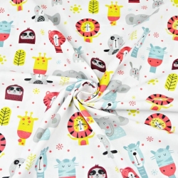 Baumwolle 100% bunte Tierköpfe auf weißem Hintergrund  