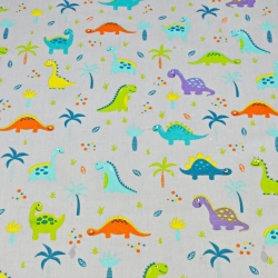 Baumwolle 100% Dinosaurier orange-lila mit Palmen auf grauem Hintergrund  