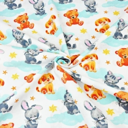 Baumwolle 100% Tiere auf mintfarbenen Wolken auf weißem Hintergrund  