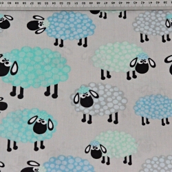 Baumwolle 100% blau-mintfarbene Schafe mit Punkten auf grauem Hintergrund  