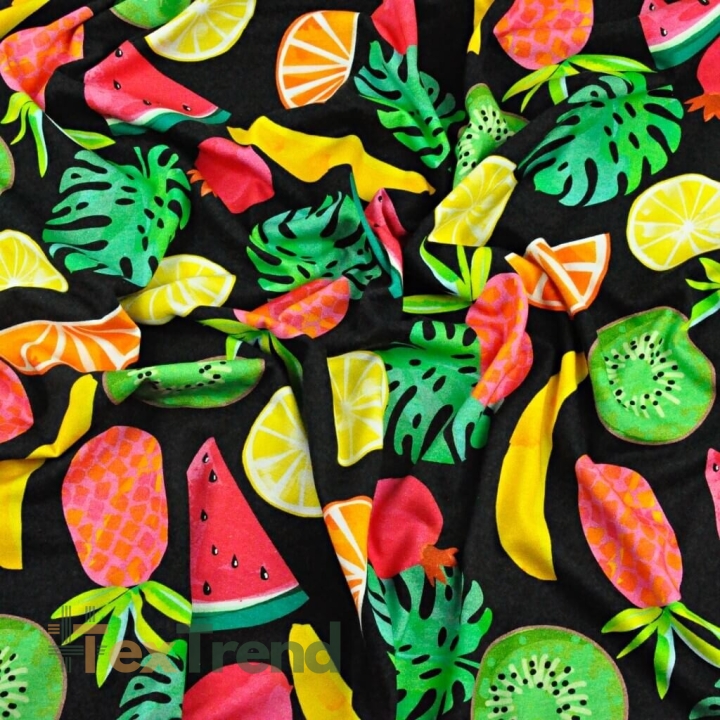 Jersey Druck digital - tropische Früchte auf schwarzem Hintergrund  