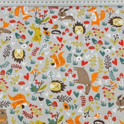 Baumwolle 100% Elche beige-orange mit Tieren auf der Wiese auf grauem Hintergrund  