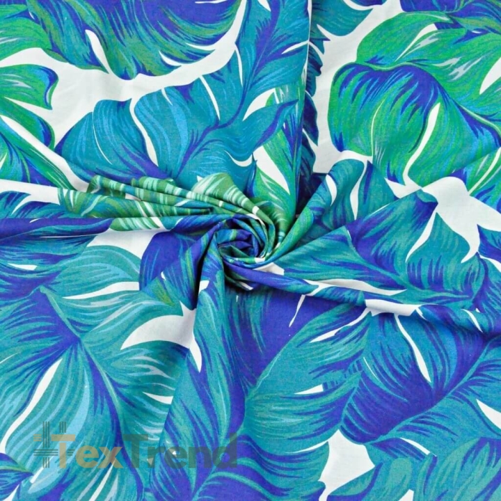 Baumwolle 100% tropische Blätter blau-grün auf weißem Hintergrund  