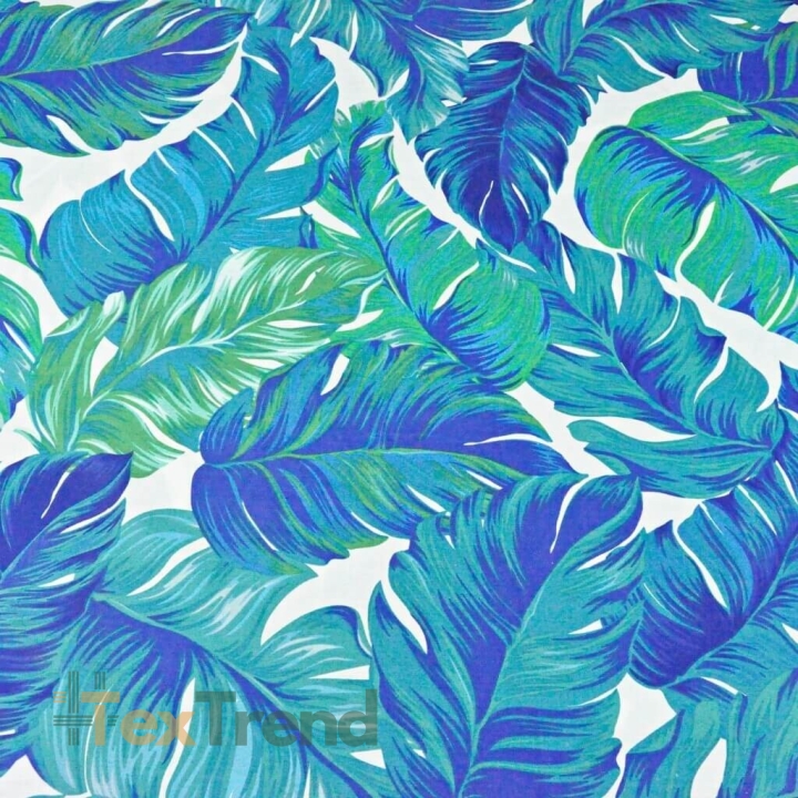 Baumwolle 100% tropische Blätter blau-grün auf weißem Hintergrund  