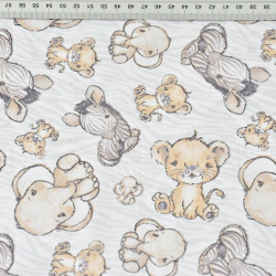 Baumwolle 100% Zebras, Löwenbabys und Elefanten beige auf weiß-grauem Hintergrund  