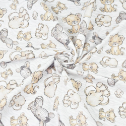 Baumwolle 100% Zebras, Löwenbabys und Elefanten beige auf weiß-grauem Hintergrund  