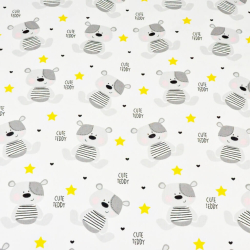 Baumwolle 100% graue TEDDY-Bären mit gelben Sternen auf weißem Hintergrund  
