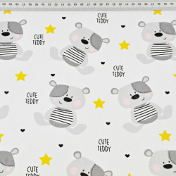Baumwolle 100% graue TEDDY-Bären mit gelben Sternen auf weißem Hintergrund  
