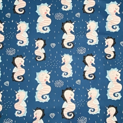 Baumwolle 100% Seepferdchen auf hellblauem Hintergrund  