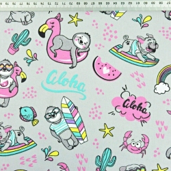 Baumwolle 100% Faultiere im Aloha-Urlaub auf grauem Hintergrund  