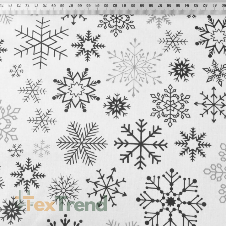Baumwolle 100% weihnachtliches Muster mit grauen Schneeflocken auf weißem Hintergrund  
