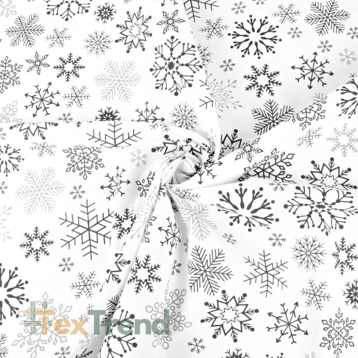 Baumwolle 100% weihnachtliches Muster mit grauen Schneeflocken auf weißem Hintergrund  