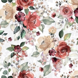 Baumwolle 100% Große Blumen rot-beige Rosen mit grünen Blättern auf weißem Hintergrund  