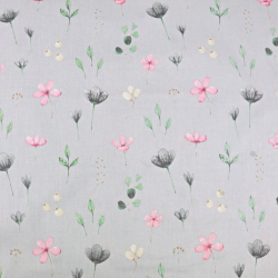 Baumwolle 100% Wiesenblumen rosa-grau-grün auf hellgrauem Hintergrund  