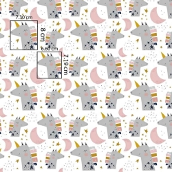 Baumwolle 100% Einhörner mit Monden auf weißem Hintergrund  