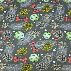 Baumwolle 100% Weihnachtsmuster Kugeln und Tannenzapfen auf dunkelgrauem Hintergrund  