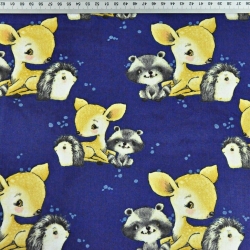 Baumwolle 100% Rehe mit Igeln und Waschbären auf marineblauem Hintergrund  