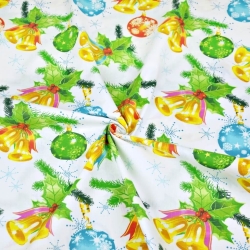 Baumwolle 100% Weihnachtsmuster bunte Glöckchen auf weißem Hintergrund  