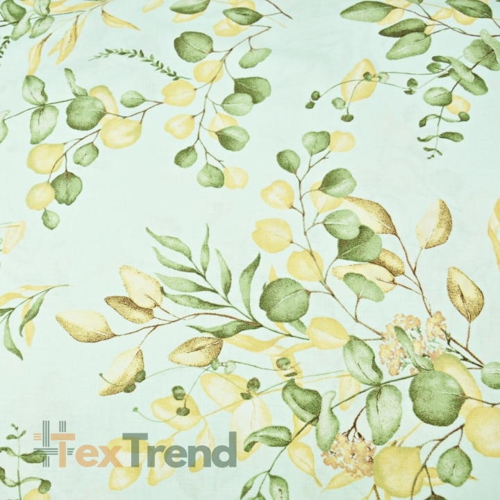 Baumwolle 100% Mini-Eukalyptusblätter auf mintfarbenem Hintergrund  