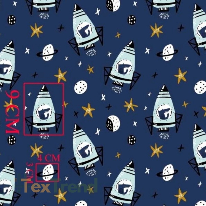 Baumwolle 100% mintfarbene Raketen auf dunkelblauem Hintergrund  