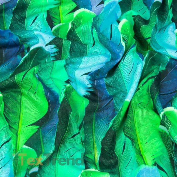 Jersey-Stoff Federn grün-blau - Digitaldruck  
