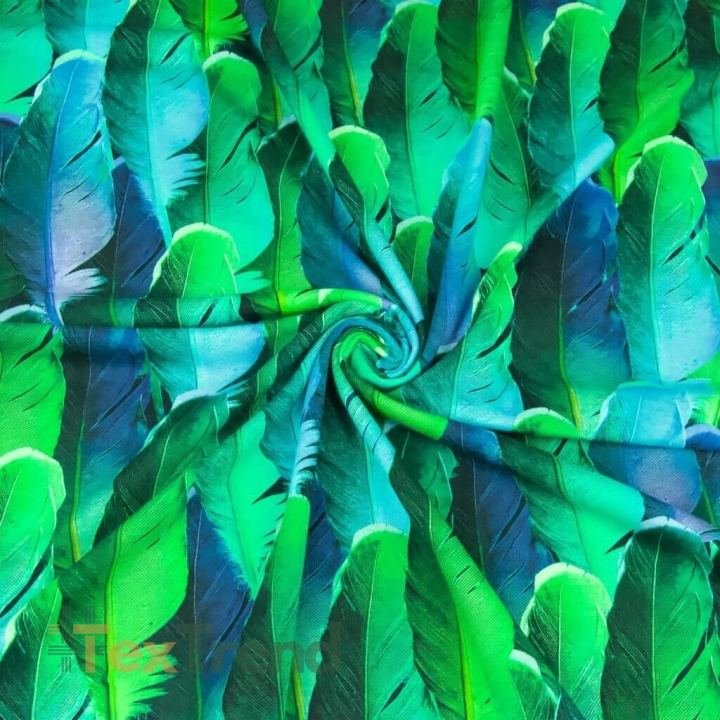 Jersey-Stoff Federn grün-blau - Digitaldruck  