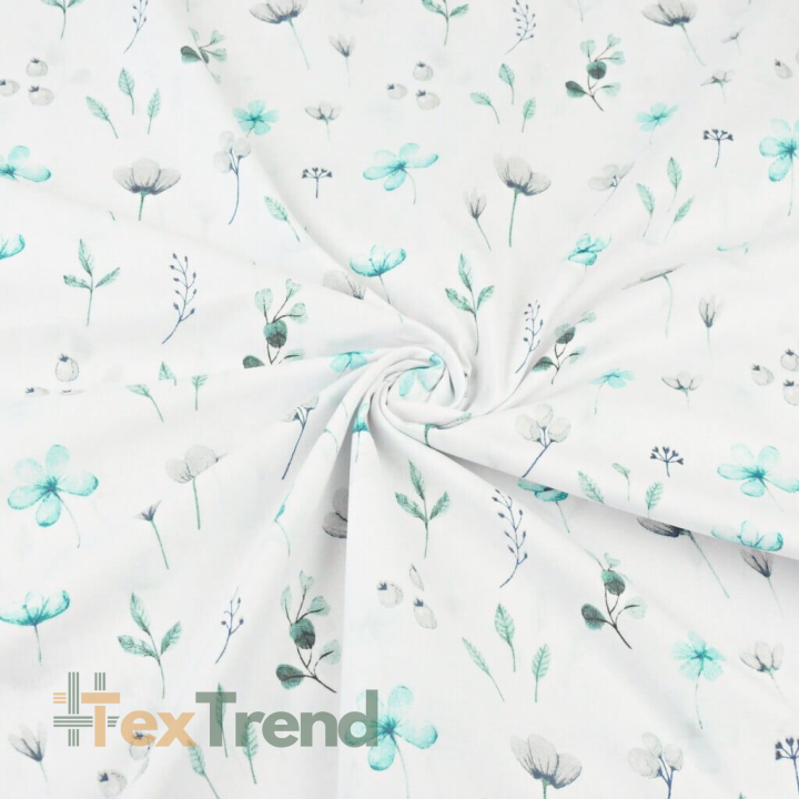 Baumwolle 100% Wiesenblumen türkis-grau auf weißem Hintergrund  