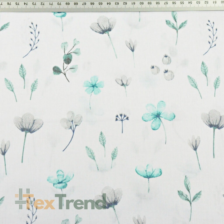 Baumwolle 100% Wiesenblumen türkis-grau auf weißem Hintergrund  