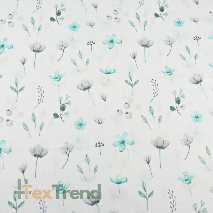 Baumwolle 100% Wiesenblumen türkis-grau auf weißem Hintergrund  