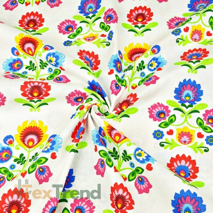 Baumwolle 100% Łowicz Muster in Reihen auf weißem Hintergrund  