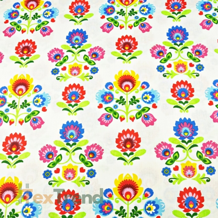 Baumwolle 100% Łowicz Muster in Reihen auf weißem Hintergrund  