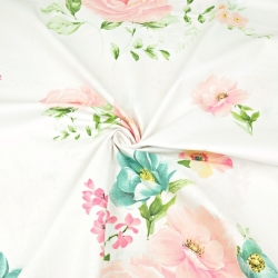 Baumwolle 100% Blumen rosa-türkisfarbene Rosen auf weißem Hintergrund  