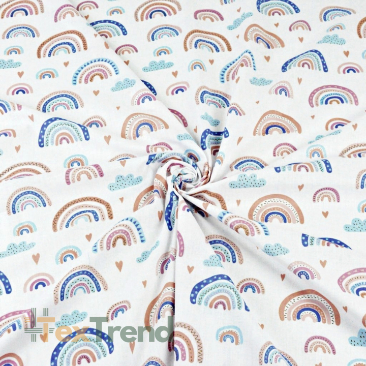 Baumwolle 100% Regenbögen blau-beige auf weißem Hintergrund  