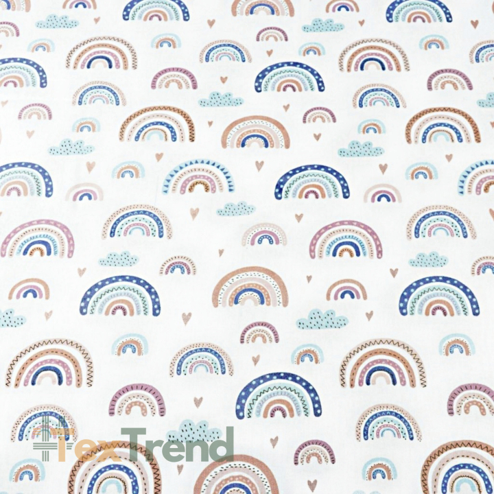 Baumwolle 100% Regenbögen blau-beige auf weißem Hintergrund  