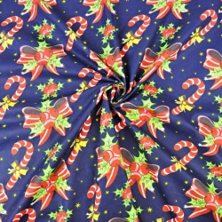 Baumwolle 100% Weihnachtsmuster mit Schleifen und Zuckerstangen auf dunkelblauem Hintergrund  