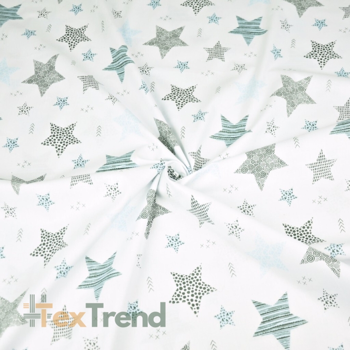 Baumwolle 100% gemusterte Sterne blau-grau auf weißem Hintergrund  