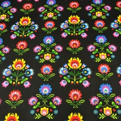 Baumwolle 100% Łowicz Muster in Reihen auf schwarzem Hintergrund  