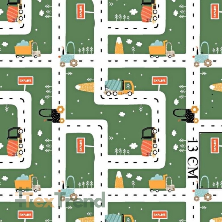 Baumwolle 100% Autos auf Straßen EXPLORE auf grünem Hintergrund  