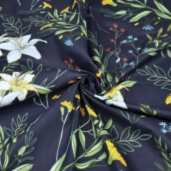 Baumwolle 100% Blumen Zweige mit Lilien auf dunkelblauem Hintergrund  