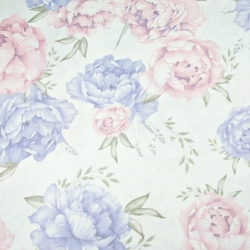 Baumwolle 100% Blumen Pfingstrosen lila-rosa auf weißem Hintergrund  