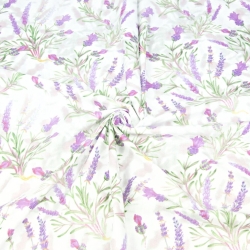 Baumwolle 100% Lavendelblumen mit Zweigen auf weiß-grauem Hintergrund - 220cm  