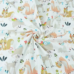 Baumwolle 100% Rehe mit Eichhörnchen und Füchsen auf weißem Hintergrund  