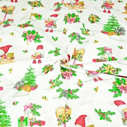 Baumwolle 100% Weihnachtsmuster Wichtel auf Schlitten auf weißem Hintergrund  