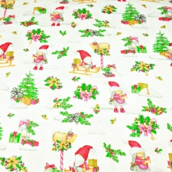 Baumwolle 100% Weihnachtsmuster Wichtel auf Schlitten auf weißem Hintergrund  