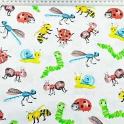 Baumwolle 100% Bunte Insekten und Schnecken auf weißem Hintergrund  