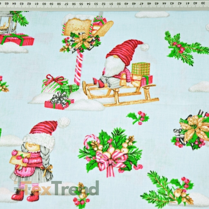 Baumwolle 100% Weihnachtsmuster Wichtel auf Schlitten auf hellblauem Hintergrund  