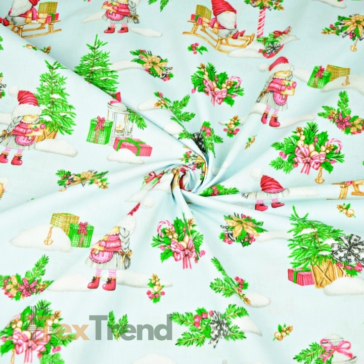 Baumwolle 100% Weihnachtsmuster Wichtel auf Schlitten auf hellblauem Hintergrund  