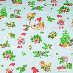 Baumwolle 100% Weihnachtsmuster Wichtel auf Schlitten auf hellblauem Hintergrund  