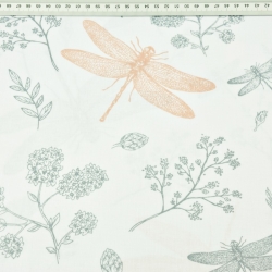 Baumwolle 100% Insekten Libellen grau-lachsfarben auf weißem Hintergrund  