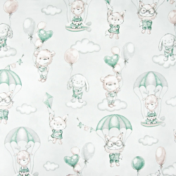 100% Baumwolle Kuscheltiere mit rosa-grünen Fallschirmen auf hellgrauem Hintergrund  